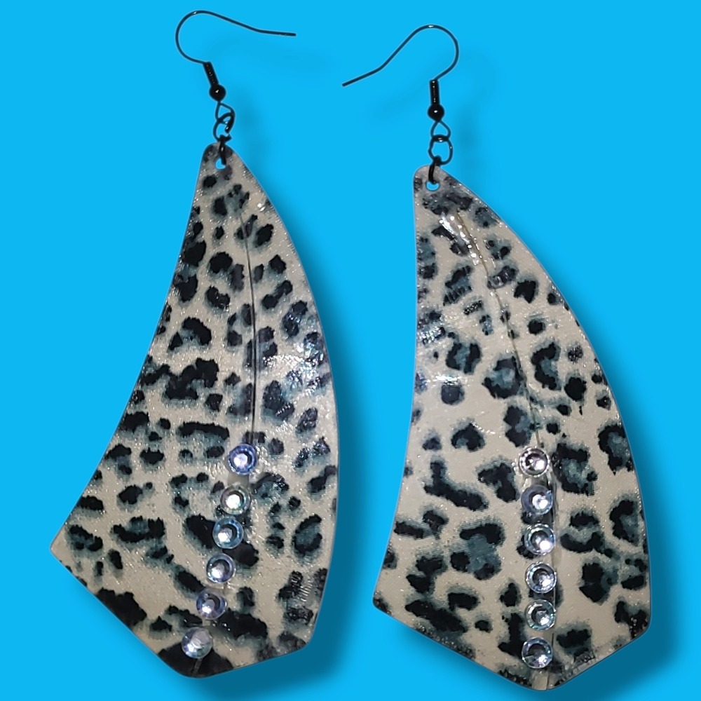 Vintage 90s Big Acrylic Animal Print Dangle Earrings Rhinestone 4"